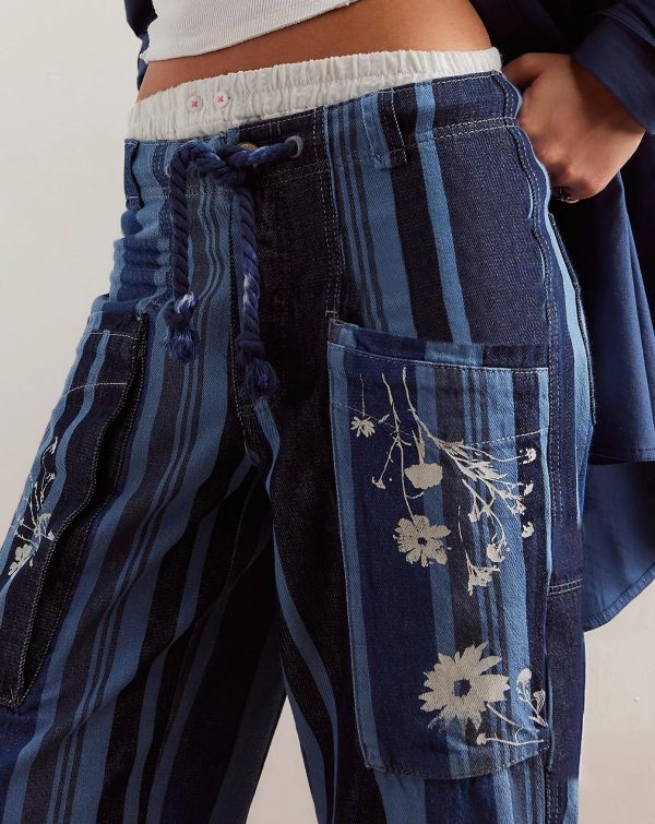 Striped Pants Women Floral Printed Wide Straight Leg Lounge Pant Mid Rise Drawstring Cropped Trousers