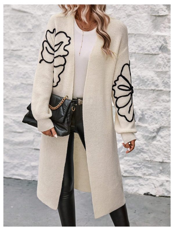 Women's Floral Pattern Cardigan Sweater Open Front Long Sleeve Loose Casual Outwear