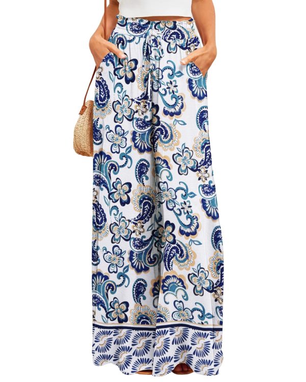 2025 Womens Beach Wide Leg Pants Summer Floral Elastic Waist Pant Palazzo Dressy Boho Flowy with Pockets