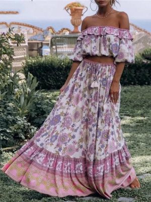 Women's Floral Resort Set - Slash Neck Ruffle Blouse & High Waist Maxi Skirt in Soft Pink