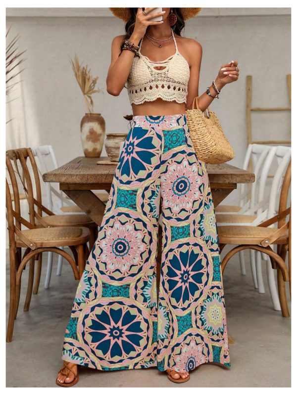 Women's Summer Wide Leg Floral Flowy Palazzo Pants High Waisted Beach Boho Trousers