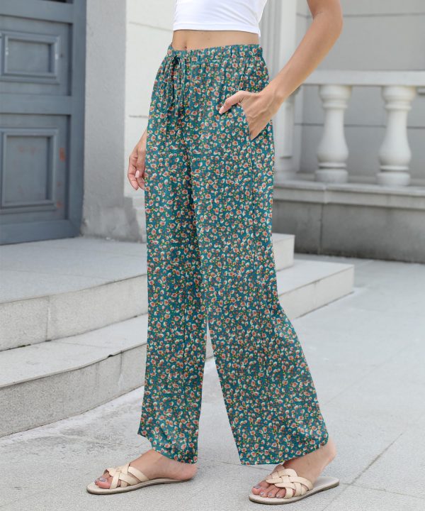 Women High Waist Casual Pants Elastic Wide Leg Summer Beach Palazzo Trousers with Pockets Lightweight Comfy