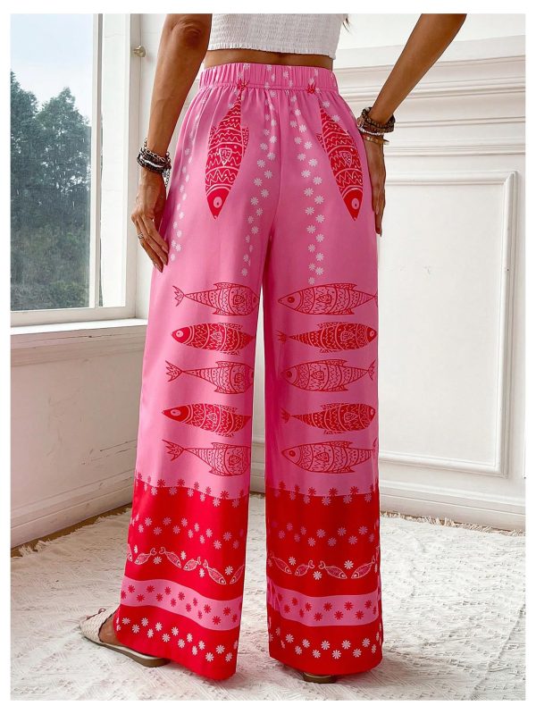 Women's Floral Wide Leg Pants Beach Vacation High Waist Boho Palazzo Trousers
