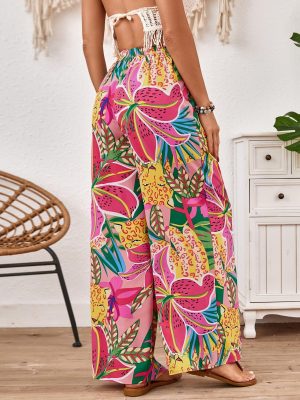 Women's Hawaiian Tropical Beach Palazzo Pants Flowy Boho Summer Wide Leg Trousers