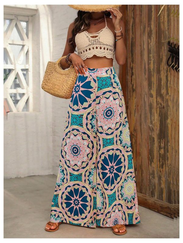 Women's Summer Wide Leg Floral Flowy Palazzo Pants High Waisted Beach Boho Trousers