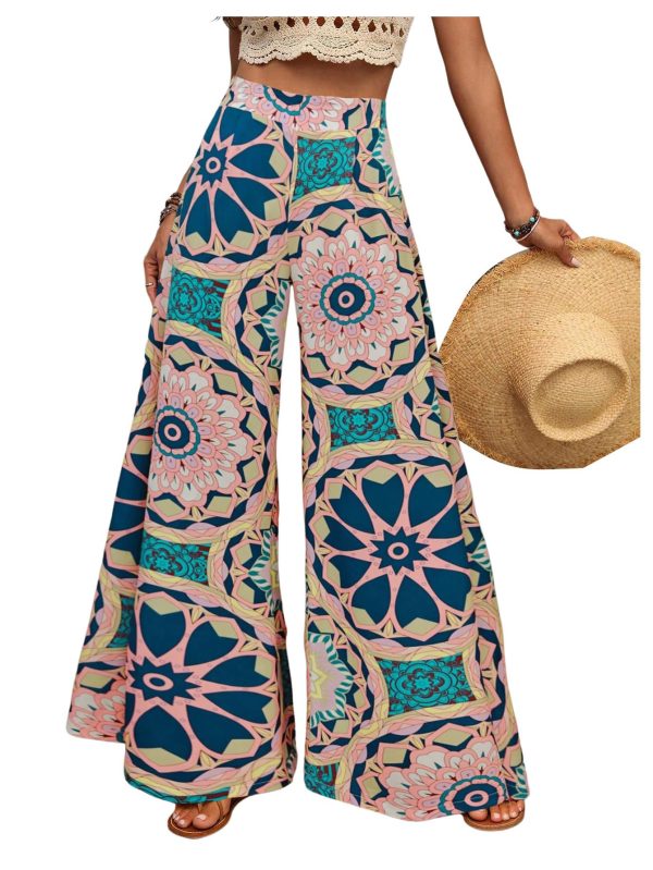 Women's Summer Wide Leg Floral Flowy Palazzo Pants High Waisted Beach Boho Trousers