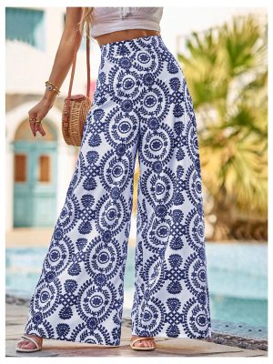 Women's High Waist Floral Wide Leg Palazzo Pants Flowy Travel Trousers