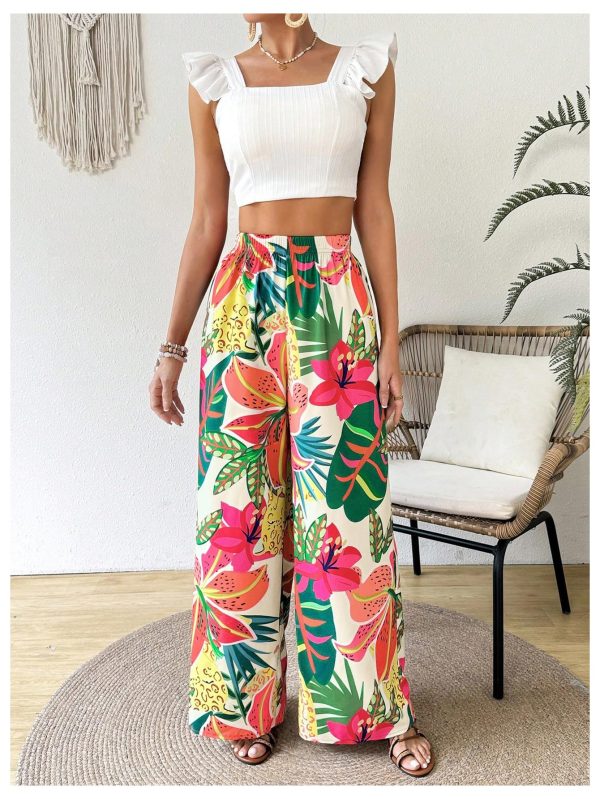 Women's Tropical Palazzo Pants Boho Summer Casual Wide Leg Flowy Trousers