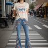 Womens Floral Embroidered Bell Bottom Jeans Stretchy Denim Flared Pants Mid Rise Vintage Bootcut Casual Trousers