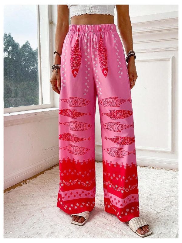 Women's Floral Wide Leg Pants Beach Vacation High Waist Boho Palazzo Trousers