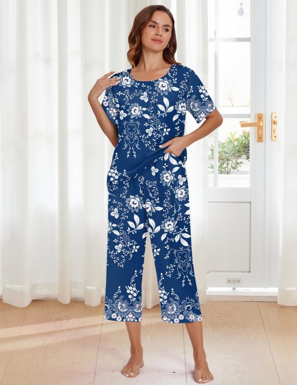 Women's Two Piece Lounge Set Short Sleeve Shirt and Capri Pants Mumu Pajama with Pockets Loungewear Pjs Sets