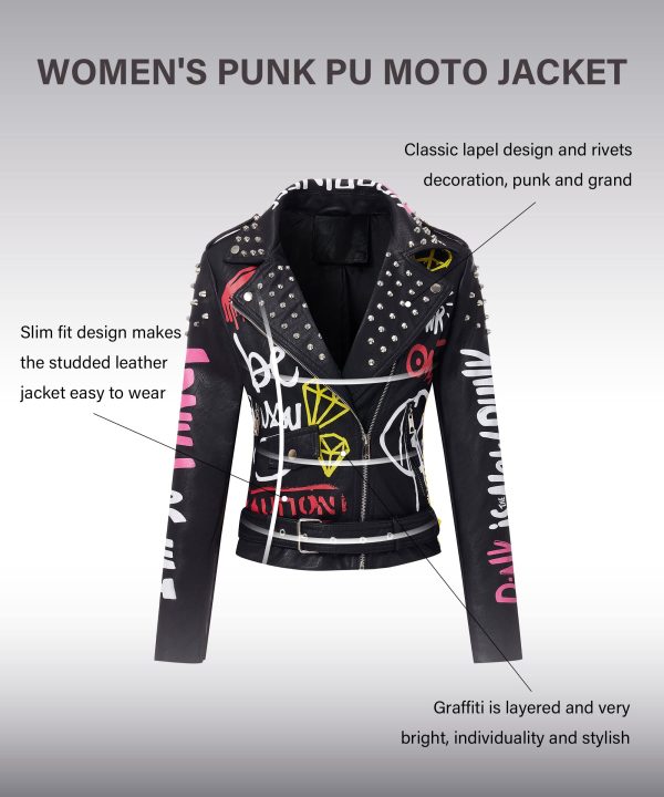 Faux Leather Jacket for Women Studded Rivet Floral Moto Biker Short Lapel Coat