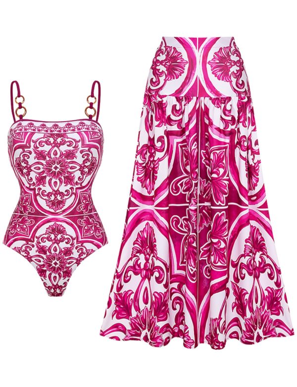 Women's One Piece Sling Classic Majolica Adjustable Bathing Suits Back Lace up Swimsuit with Skirt/Shorts
