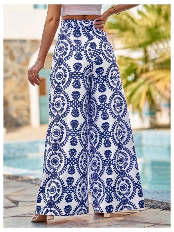 Women's High Waist Floral Wide Leg Palazzo Pants Flowy Travel Trousers