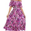 Women's 2025 Spring Summer Boho Off Shoulder Midi Dress Floral Short Sleeve A Line Casual Beach Vacation Dresses