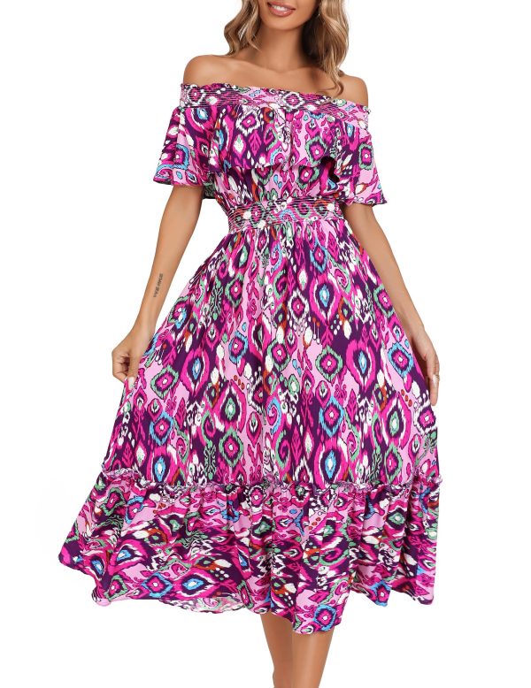 Women's 2025 Spring Summer Boho Off Shoulder Midi Dress Floral Short Sleeve A Line Casual Beach Vacation Dresses