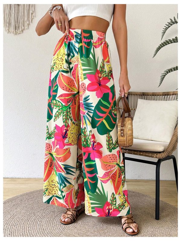 Women's Tropical Palazzo Pants Boho Summer Casual Wide Leg Flowy Trousers