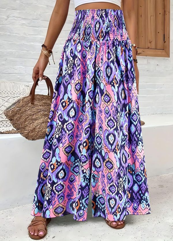 Women's Floral African Print Palazzo Pants Elastic High Waist Wide Leg Pants Flowy Yoga Loose Trousers
