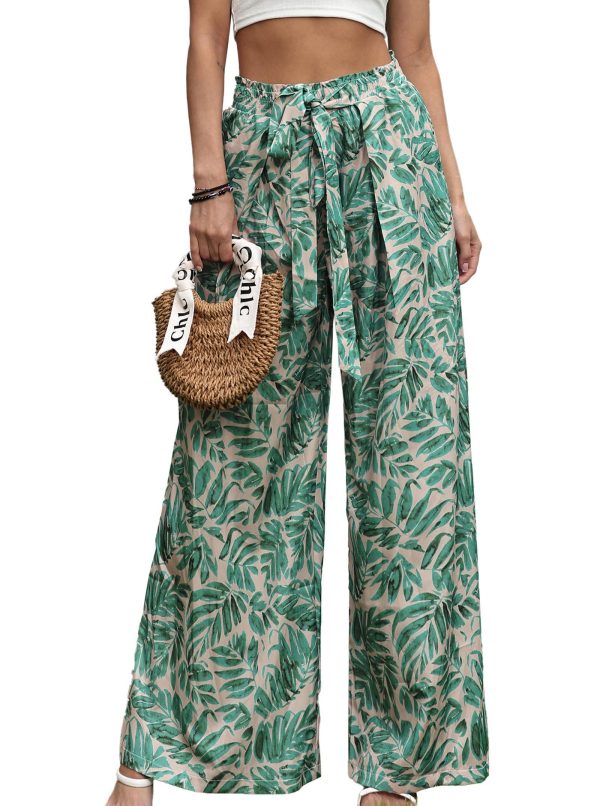 Womens Printed Wide Leg Pants Ruffle Elastic Drawstring Beach Vacation Palazzo Loose Comfy Trousers with Pockets