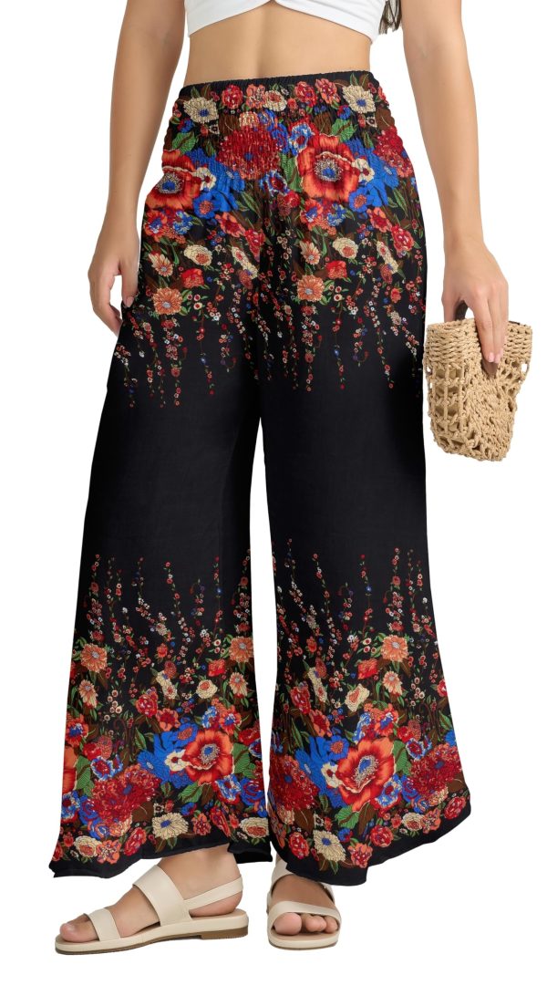 Palazzo Pants for Women - Boho Flare Leg Wide Summer Pant Women - Harem Waist Flowy Bottoms with Pockets