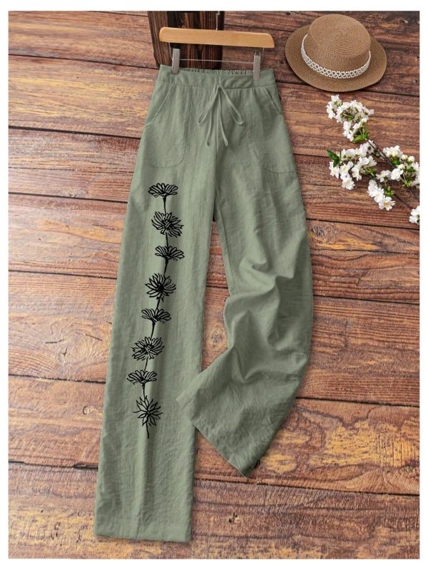 Women's Drawstring Drop Waist Floral Pants Straight Leg Linen Casual Trousers