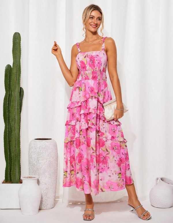 Women's Floral Summer Wedding Guest Dresses 2025 Trendy Long Flowy Smocked Tiered Maxi Dress