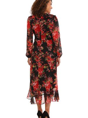 Women's Long Sleeve Chic and Versatile Chiffon Ruffle Faux Wrap Dress