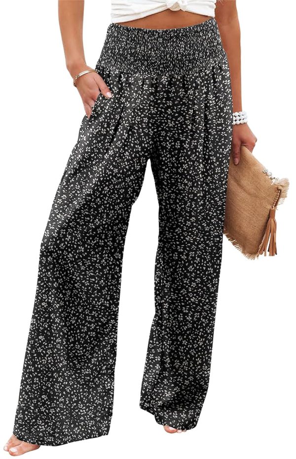 Womens Casual Loose Fit Palazzo Pants Elastic High Waist Lounge Long Pajama Wide Leg Trousers with Pocket