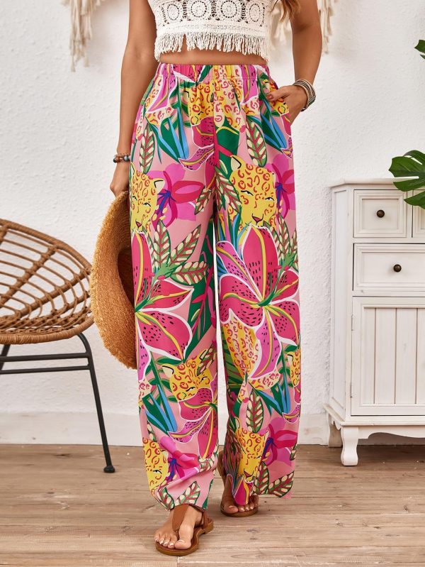 Women's Hawaiian Tropical Beach Palazzo Pants Flowy Boho Summer Wide Leg Trousers