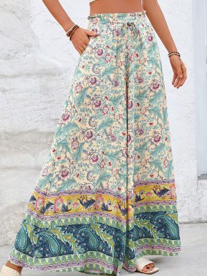 Women Wide Leg Pants Casual High Waist Floral Palazzo Pants for Women Flowy Trendy Lounge Boho Beach Trousers Pockets