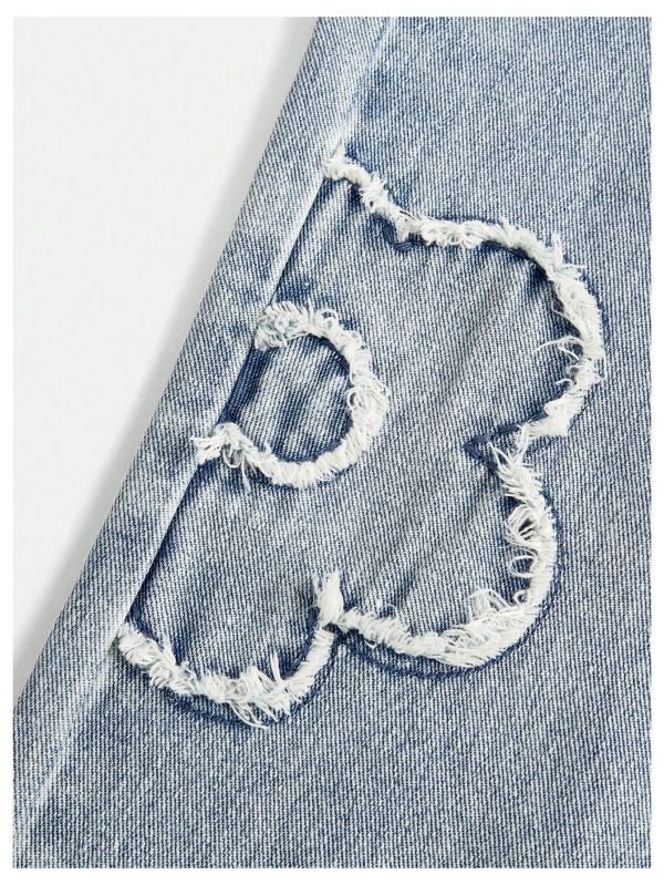 Girl's Bowknot Print Washed Jean Elastic Waist Denim Pants Straight Leg Trousers with Pockets