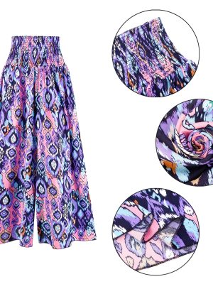 Women's Floral African Print Palazzo Pants Elastic High Waist Wide Leg Pants Flowy Yoga Loose Trousers