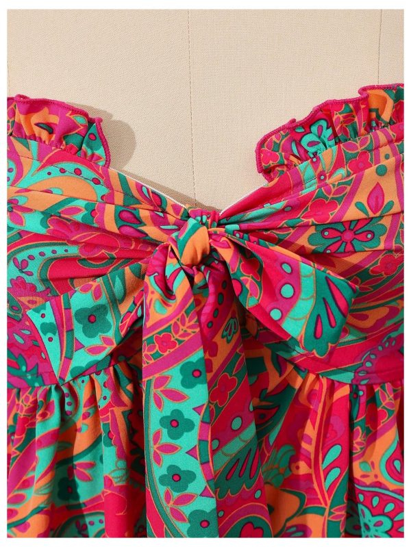 Women's Floral Tube Tops Strapless Tie Front Frill Peplum Shirred Boho Summer Bandeau Top