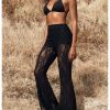 Women's Floral Lace Sheer Mesh Flare Pants Elastic High Waisted Long Trousers