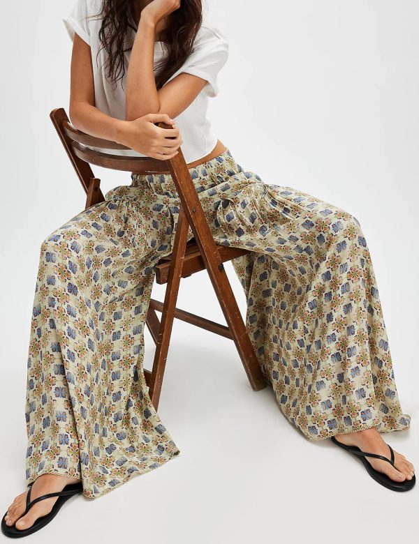 Womens Wide Leg Pants Flowy High Elastic Waist Loose Printed Beach Boho Yoga Casual Long Trousers