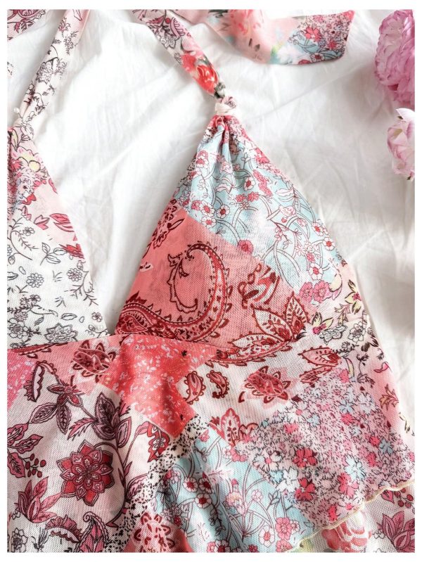 Women's Floral Halter Top Boho Ruffle Mesh Shirt V Neck Tie Backless Sleeveless Cami Tops