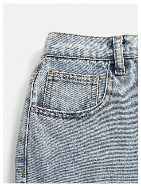 Girl's Bowknot Print Washed Jean Elastic Waist Denim Pants Straight Leg Trousers with Pockets