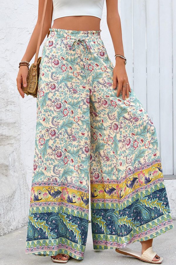 Women Wide Leg Pants Casual High Waist Floral Palazzo Pants for Women Flowy Trendy Lounge Boho Beach Trousers Pockets