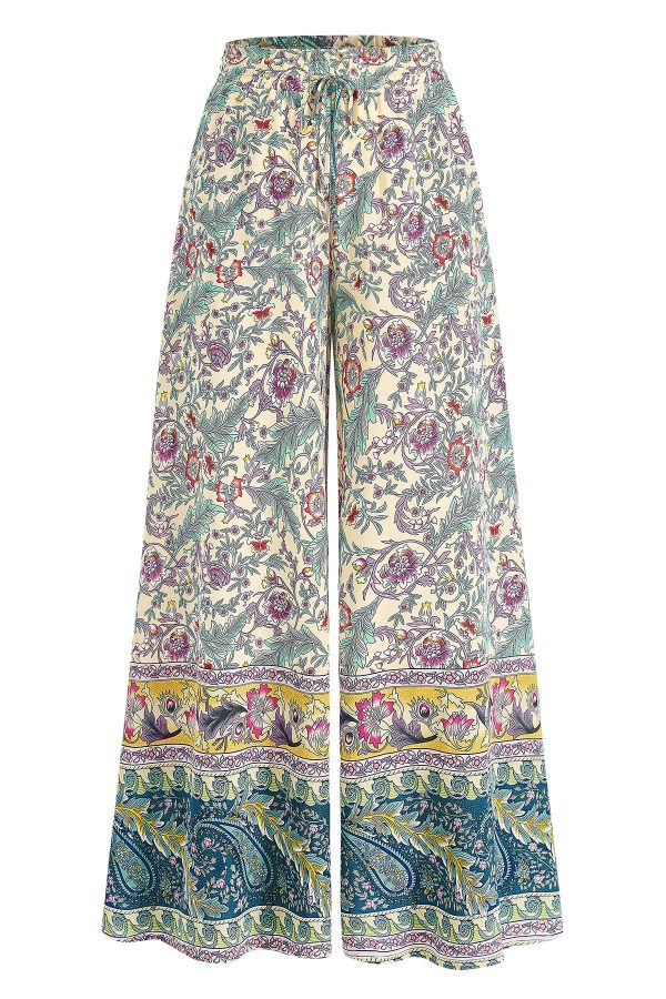 Women Wide Leg Pants Casual High Waist Floral Palazzo Pants for Women Flowy Trendy Lounge Boho Beach Trousers Pockets
