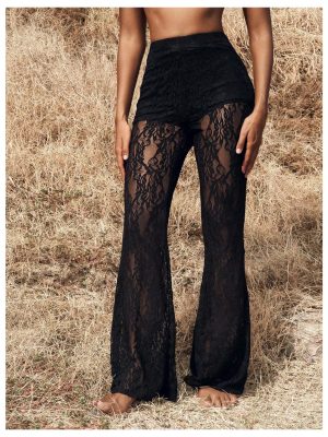 Women's Floral Lace Sheer Mesh Flare Pants Elastic High Waisted Long Trousers
